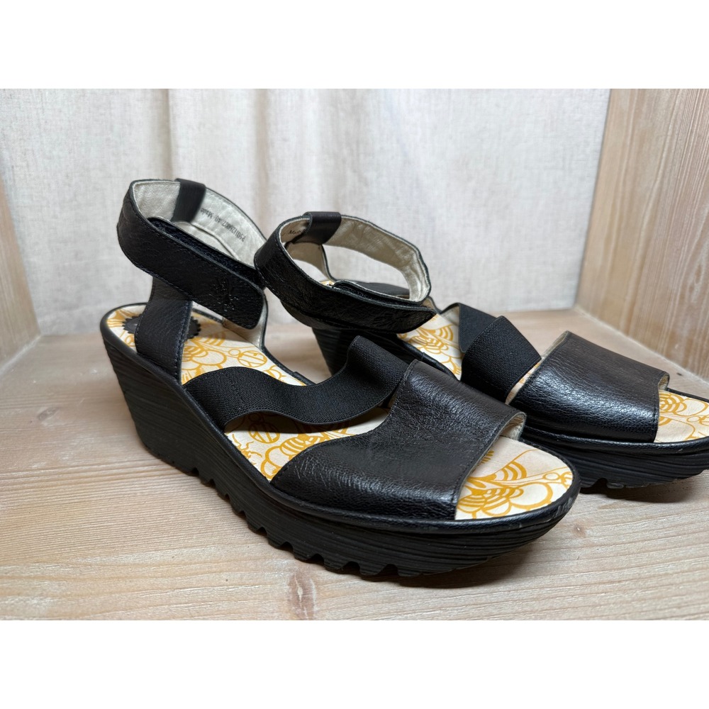 Fly London Yala Black Leather Wedge Sandals Platform Ankle Strap Womens 40 - Picture 9 of 11